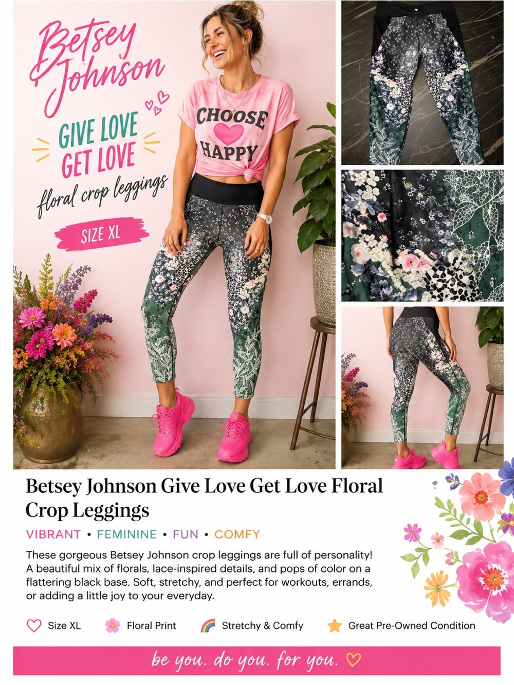 Betsey Johnson Give Love Get Love Floral Crop Leggings XL